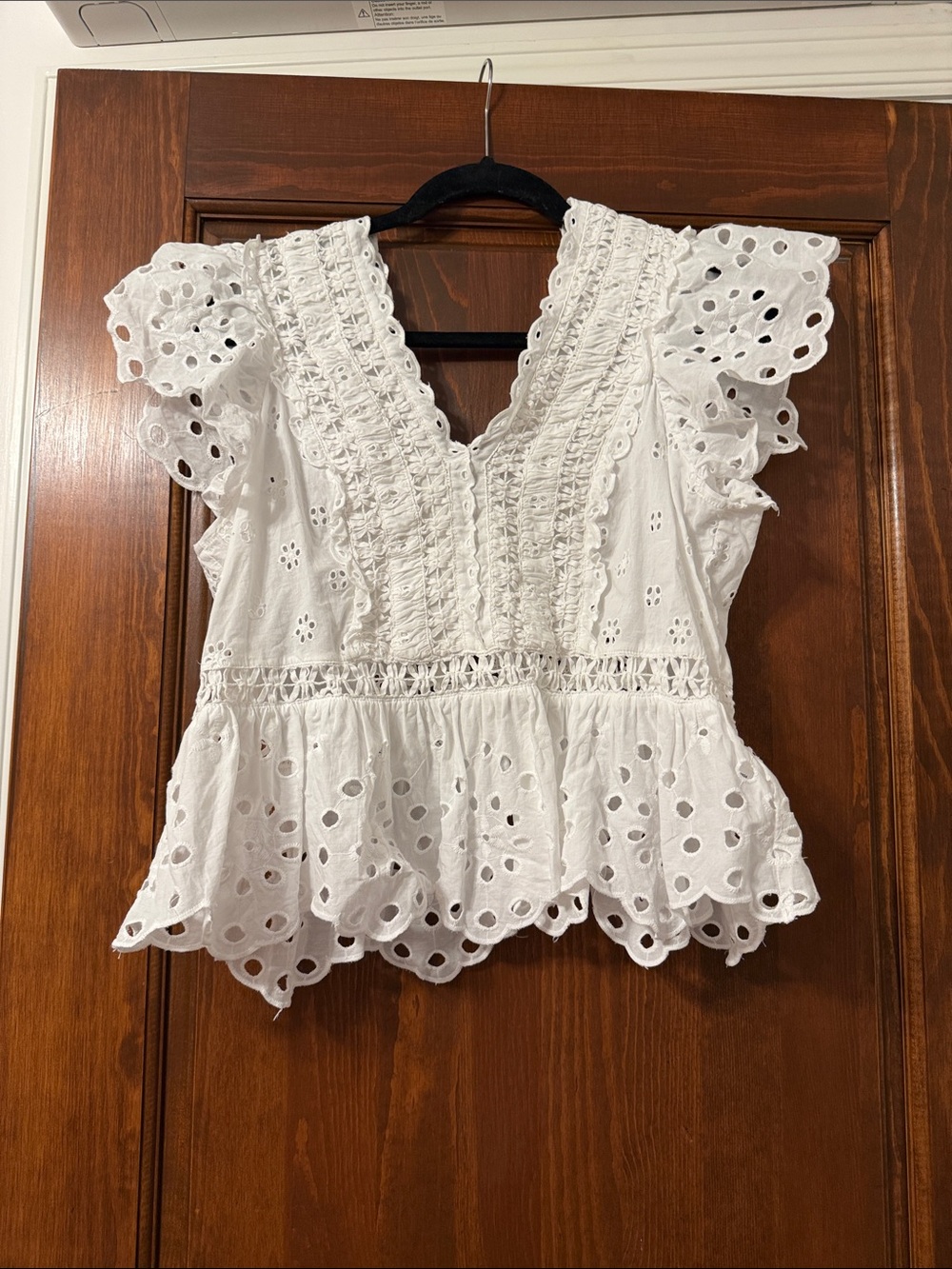 White Eyelet Ruffle Sleeve Blouse with Smocked V-Neck